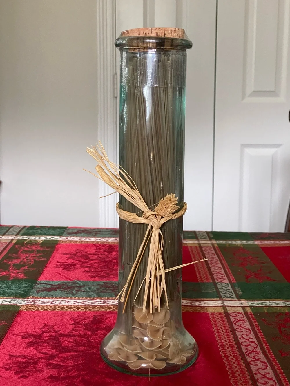 Vintage Pier 1 Green Glass Spaghetti Pasta Storage Jar Natural Raffia Accent New